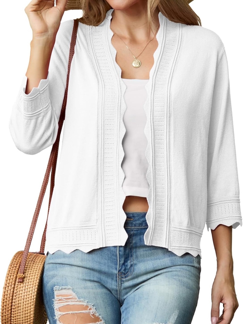 Women's Scallop-Edge Open Knit Cardigan - White
